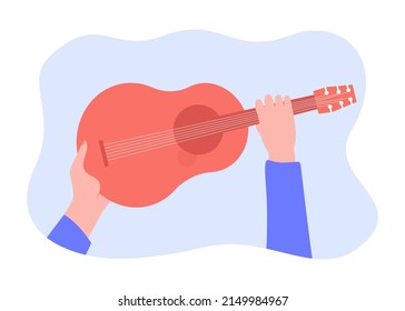 Musicians hands holding guitar. Person playing acoustic music on musical instrument flat vector illustration. Jazz concert or party, performance concept for banner, website design or landing web page