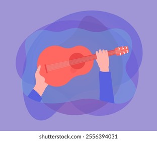 Musicians hands holding guitar. Person playing acoustic music on musical instrument flat vector illustration. Jazz concert or party, performance concept for banner, website design or landing web page