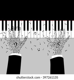 Musician's hands are playing on the piano. Silhouette with note keys. Tattoo of treble and bass clef on the hands. Music poster