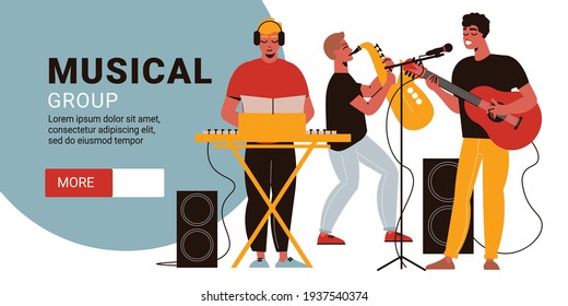 Banner horizontal de músicos con texto editable más botón y personajes de hombres tocando en instrumentos musicales ilustración vectorial