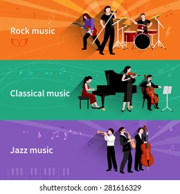 Musicians horizontal banner set with rock classical jazz music elements isolated vector illustration