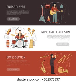 Musicians horizontal banners  with different musical Instruments so as drums percussion guitar and brass flat vector illustration   
