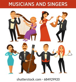 Musicians with instrument and elegant singers illustrations set