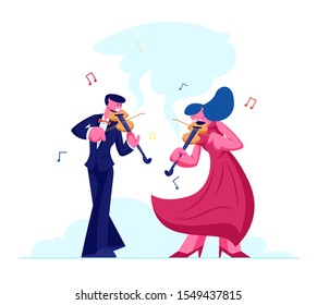 Musicians with Instruments Perform on Stage with Violins, Symphony Orchestra Classical Music Concert, Performance on Philharmonic Scene, Instrumental Duet Ensemble. Cartoon Flat Vector Illustration