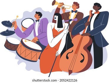 Musicians with instruments performing music and playing songs. Isolated characters with drums and trumpet or saxophone, violinist classical or jazz genre. Rehearsal of band. Vector in flat style