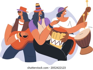 Musicians with instruments for reggae, isolated male characters with acoustic guitar or ukulele, drums and vocals singing. Festival performance or rehearsal for concert. Vector in flat style