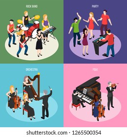 Musicians isometric design concept with rock band orchestra folk music and dancing party isolated vector illustration