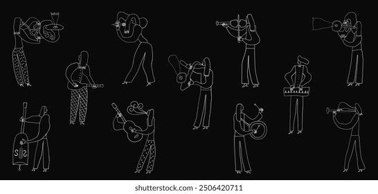 Musicians Jazz Band Hand Drawn Doodles Vector Illustration , Isolated Sketch Characters Set Design Element