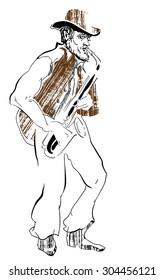 Musicians of jazz. Vector sketches. Man playing saxophone isolated on white background. Black and white vector sketch. Easy editable in several layers. Lineart sketch.
