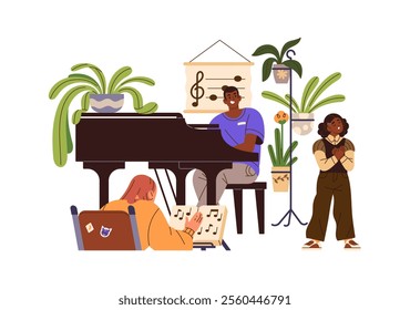 Musicians learning, study in music class at school. Pianist plays instrument and singer sings song. Vocalist and piano player perform together. Flat isolated vector illustration on white background