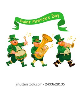 Musicians in leprechaun costumes. Three funny fat People with a tuba, trumpet, drum. Cartoon characters in flat style isolated on white. Illustration for St. Patricks Day,  Irish holiday. Vector.