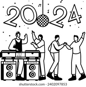 musicians of live music band concept, Office colleague raising their hands up with confetti vector icon design 2024 welcome symbol, festive holiday season sign new year party people scene illustration
