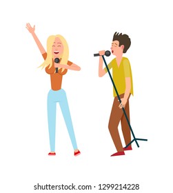 Musicians man and woman, singing together duo vector. Female and male performers holding microphones, entertainment concert. Blonde and brunette vocalists