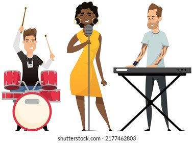Musicians modern rock group perform on stage. Drummer, keyboardist and happy young girl singer. Acoustic concert, men with instrument at performance with happy fans joyful spectators