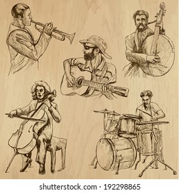 Musicians and Music around the World (vector pack no.4). Collection of an hand drawn illustrations (originals). Each drawing comprises of two layers of outlines,the colored background is isolated.