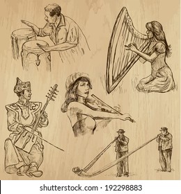 Musicians and Music around the World (vector pack no.5). Collection of an hand drawn illustrations (originals). Each drawing comprises of two layers of outlines,the colored background is isolated.
