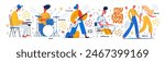 Musicians, musical instruments and dancers at a music festival. Vector trendy modern illustration of man playing synthesizer or piano, drummer with drums, guitarist with guitar, dancing couple isolate