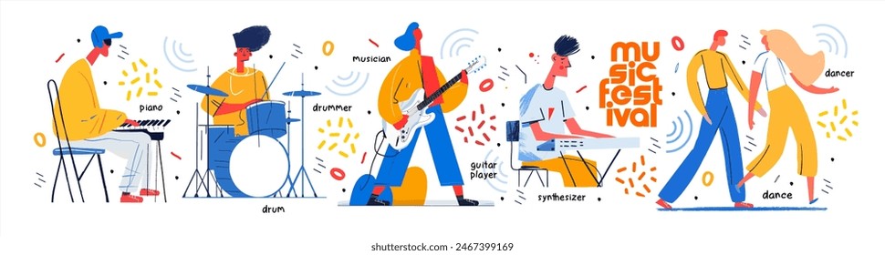 Músicos, instrumentos musicales y bailarines en un festival de música. Ilustración moderna de moda de Vector de hombre tocando sintetizador o piano, batería con batería, guitarrista con guitarra, pareja de baile aislada