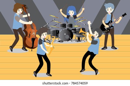 Musicians and Musical Instruments Jazz band, group with musicians concept of artistic people vector illustration.live stage background for.poster, greeting card, party invitation, banner other users