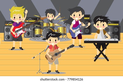 Musicians and Musical Instruments Rock band, group with musicians concept of artistic people vector illustration.Young boy playing Electric guitar Vector live concert background