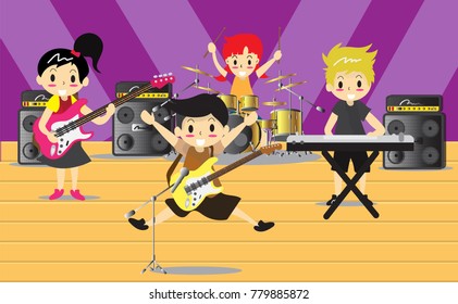 Musicians and Musical Instruments Rock band, group with musicians concept of artistic people vector illustration.Young boy playing Electric guitar Vector live concert background
