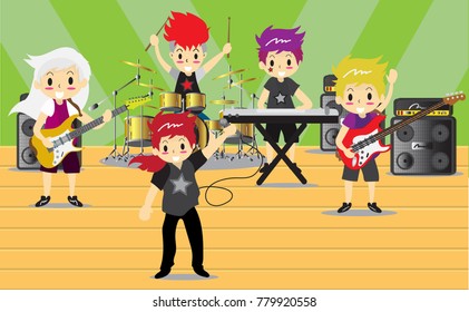 Musicians and Musical Instruments Rock band, group with musicians concept of artistic people vector illustration.Young boy playing Electric guitar Vector live concert background