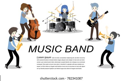 Musicians and Musical Instruments Rock band, group with musicians concept of artistic people vector illustration.isolated background for.poster, greeting card, party invitation, banner other users