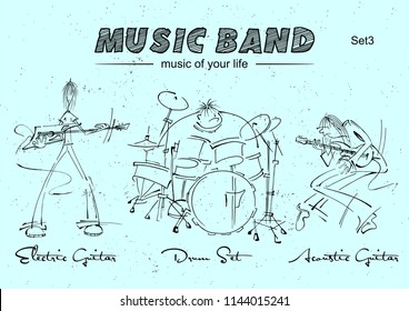 Musicians and Musical Instruments. Rock music band. Electric guitar, acoustic guitar, drum set. Vector Illustration for posters and design.