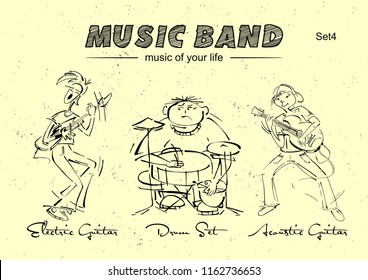 Musicians and Musical Instruments. Rock music band. Electric guitar, acoustic guitar, drum set. Vector Illustration for posters and design.