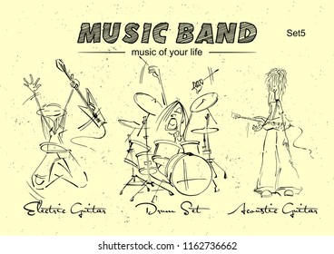 Musicians and Musical Instruments. Rock music band. Electric guitar, acoustic guitar, drum set. Vector Illustration for posters and design.