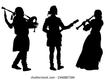 Musicians with old instruments on white background