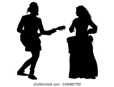 Musicians with old instruments on white background