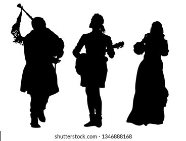 Musicians with old instruments on white background