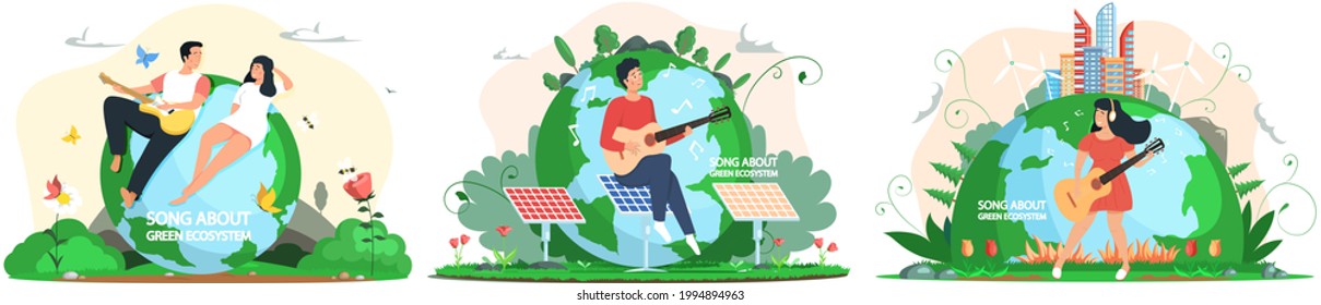 Musicians on background of planet. Set of illustrations about people singing songs about green ecosystem. Caring for environment of Earth. Male and female characters performs song on guitar