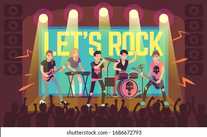 Musicians on concert. Rock band and pop musicians, sound equipment and musical instruments, popularity guitarists and drummer on stage vector concept