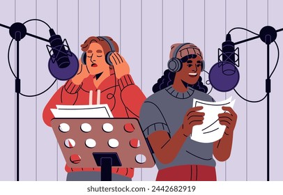 Musicians on sound record studio. Professional singers perform song with paper sheets in hands. Pop artists in headphones sing with microphone. Vocalists on vocal rehearsal. Flat vector illustration