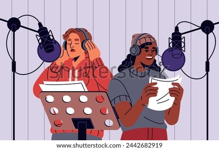 Musicians on sound record studio. Professional singers perform song with paper sheets in hands. Pop artists in headphones sing with microphone. Vocalists on vocal rehearsal. Flat vector illustration