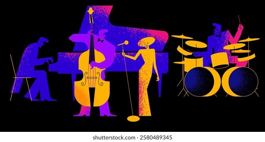 musicians on stage are multicolored with a texture on a black background. pianist, drummer, singer in abstract geometric style. stock vector illustration. EPS 10.