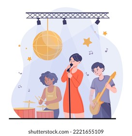 Musicians on stage. Music group sings songs, drummer, vocalist and guitarist. Creativity and art, public speaking. Poster or banner for website. Stars and popularity. Cartoon flat vector illustration