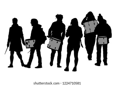 Musicians on street with drums on a white background