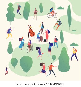 Musicians in park. Music band with guitars and musical instruments performing outdoor surrounded by trees. Vector illustration