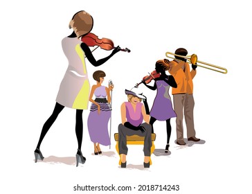  Musicians at the party. Jazz band. Hand drawn musical illustration.