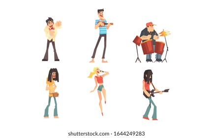 Musicians People Characters Collection, Musicians and Singers of Different Genres Playing on Music Instruments Vector Illustration