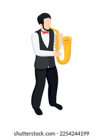 Musicians people isometric composition with isolated human character playing musical instrument vector illustration