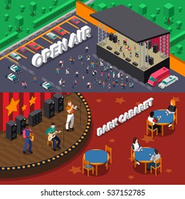 Musicians people playing on stage and at open air concert horizontal isometric banners set isolated vector illustration