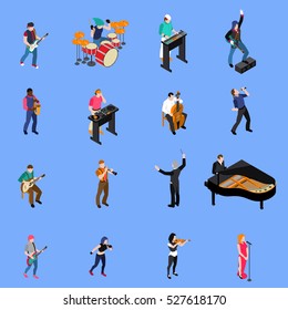 Musicians people singing and playing various musical instruments isometric icons set isolated on blue background vector illustration