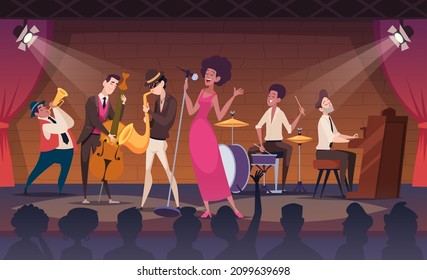 Musicians. Performance jazz band on promo stage music concert exact vector cartoon background