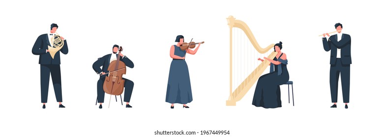 Musicians performing classic melodies on music instruments. People playing on cello, flute, harp, trumpet and violin. Colored flat vector illustration of philharmonic performers isolated on white