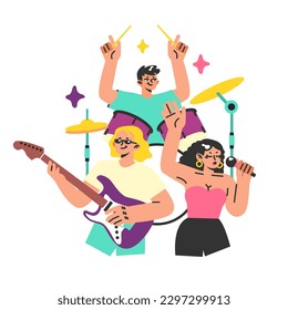 Musicians performing a concert. Band playing instruments, woman singing with microphone, rock guitarist and drummer playing music. Rock group show. Flat vector illustration