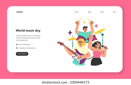 Musicians performing a concert web banner or landing page. Band playing instruments, woman singing with microphone, rock guitarist and drummer playing music. Rock group show. Flat vector illustration